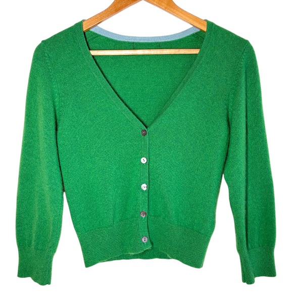 Boden 100% Cashmere Cropped V-Neck Cardigan Sweater Size XS Green 3/4 Sleeve - Picture 1 of 8